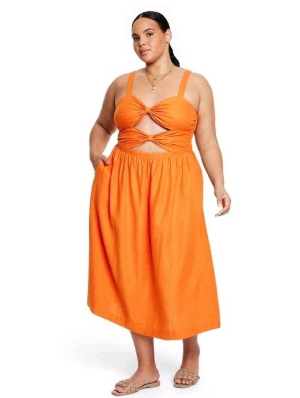 Fe Noel Orange Midi Linen Blend Dress with Cutout Bodice Size XXL